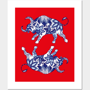 Paisley Oxen (Blue and Red Palette) Posters and Art